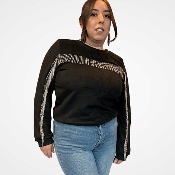Black Suede Sweater with diamond fringe detail - Picture 1 of 5